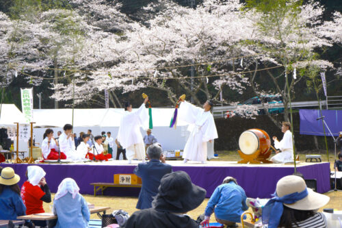 桜に囲まれた会場で神楽が奉納された「第１０回桜咲く三川内神楽まつり」